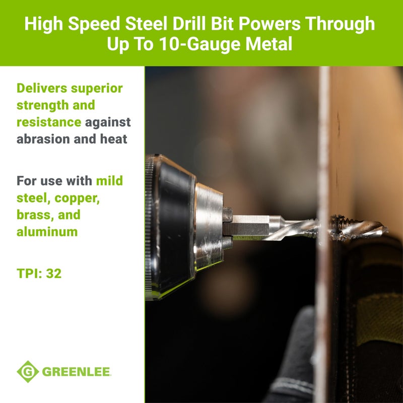 Greenlee DTAP8-32 Combination Drill/Tap Countersink Drill Bit for up to 10-Gauge Metal, Combination Drill, Tap, and Deburr Bit with Quick Change Hex, 8-32 NC - Image 5